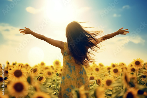 Woman standing in a field full of sunflowers staring up t a sunny sky arms stretched out wide