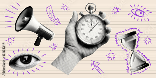 deadline time concept template design with megaphone hand holding stopwatch hourglass eye halftone dotted collage elements with crazy grunge doodle shapes