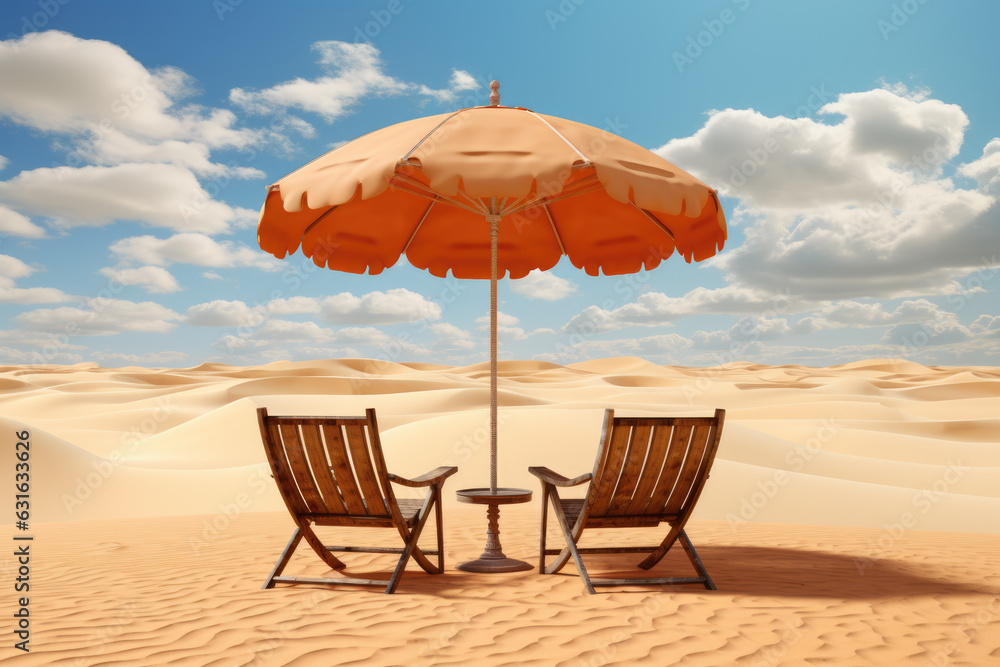 Two chairs covered with beach umbrella resting peacefully on the dunes. Serene setting evokes sense of relaxation and perfect beach retreat.