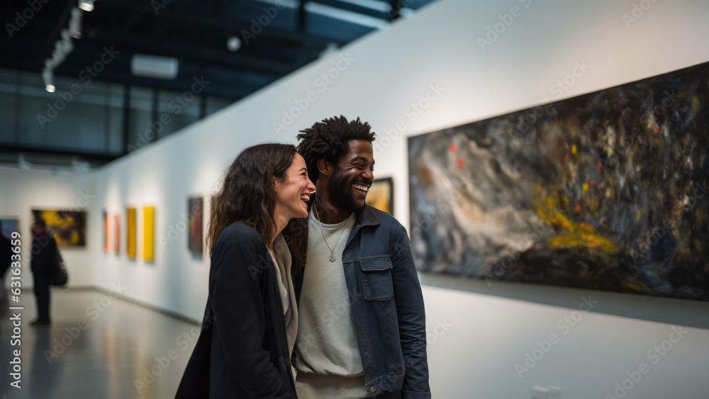 Diverse young couple smiling at an art museum - obrazy, fototapety, plakaty 