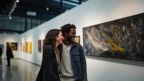 Diverse young couple smiling at an art museum photo