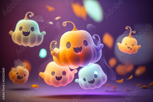 cartoon illustration of nice Halloween pumpkins ghosts with cute face. Halloween concept
