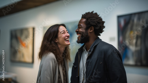 Diverse young couple smiling at an art museum