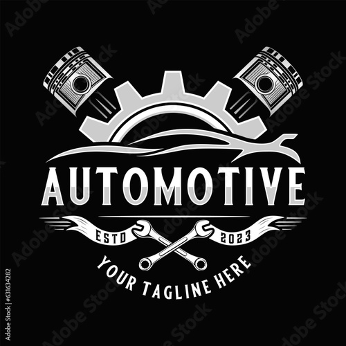 repair shop vector logo design, wrench in engine gear for car or motorcycle repair shop.
