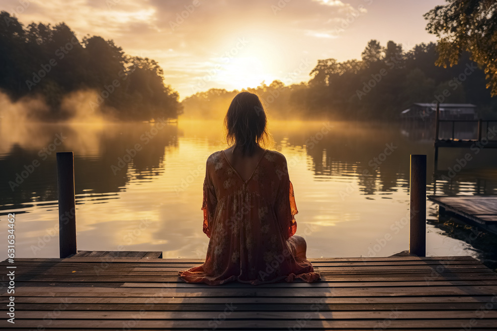 Back view of a woman meditating on a dock at sunset