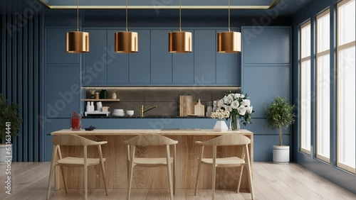 Modern style kitchen interior design with dark blue wall.