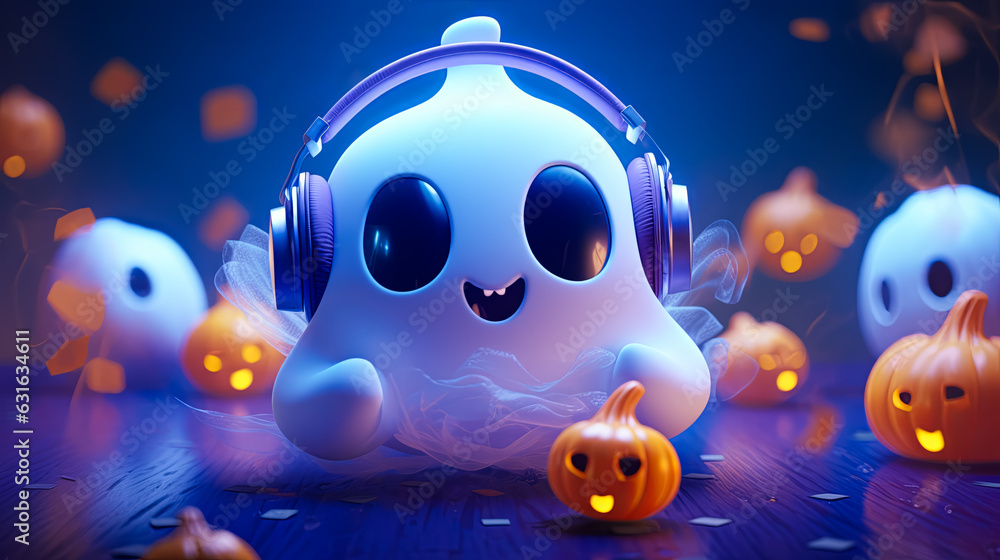 Naklejka premium Illustration of fairy cute fanny ghost in headphones. Halloween concept