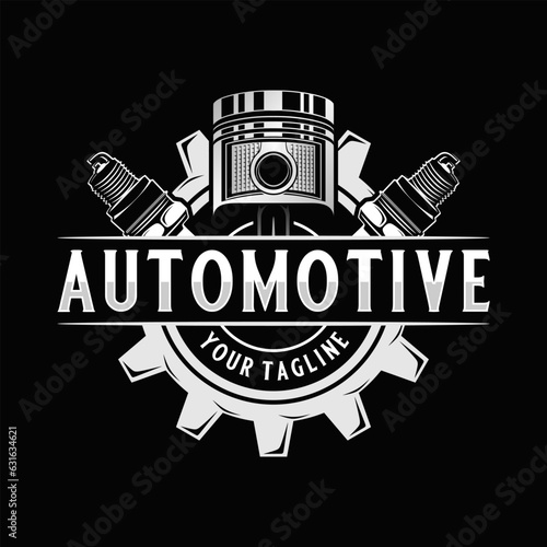 workshop vector logo design, engine pistons and gears, for auto or motorcycle repair shop.