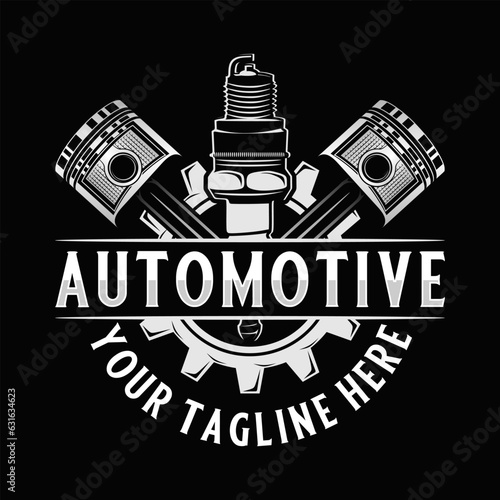 repair shop vector logo design, piston and spark plug, for auto or motorcycle repair shop.