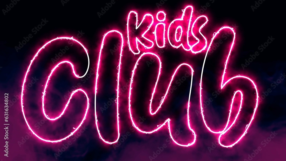 Kids Club electric red lighting text with on black background. Kids Club text word.
