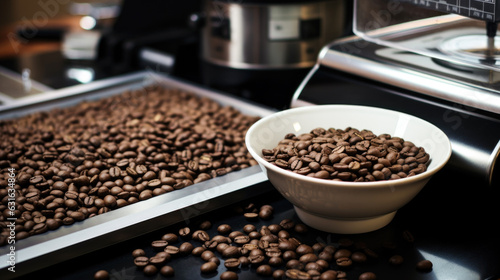A white bowl of coffee beans on a tray of coffee beans in a kitchen, coffee machine