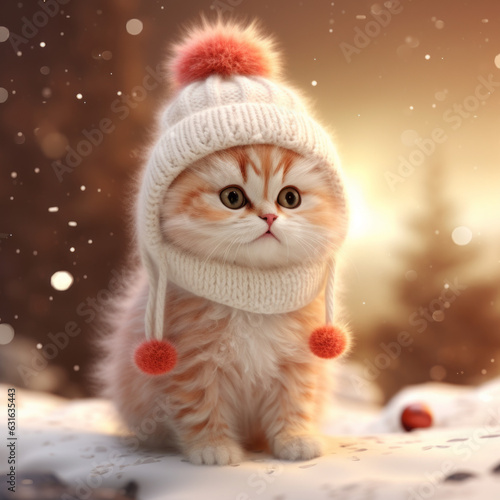 Illustration of a cat in a winter hat on the background of a winter landscape. AI-generated art. © Orange Brush