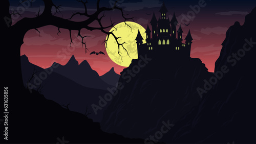 Castle on top of cliff. Halloween background. Night landscape
