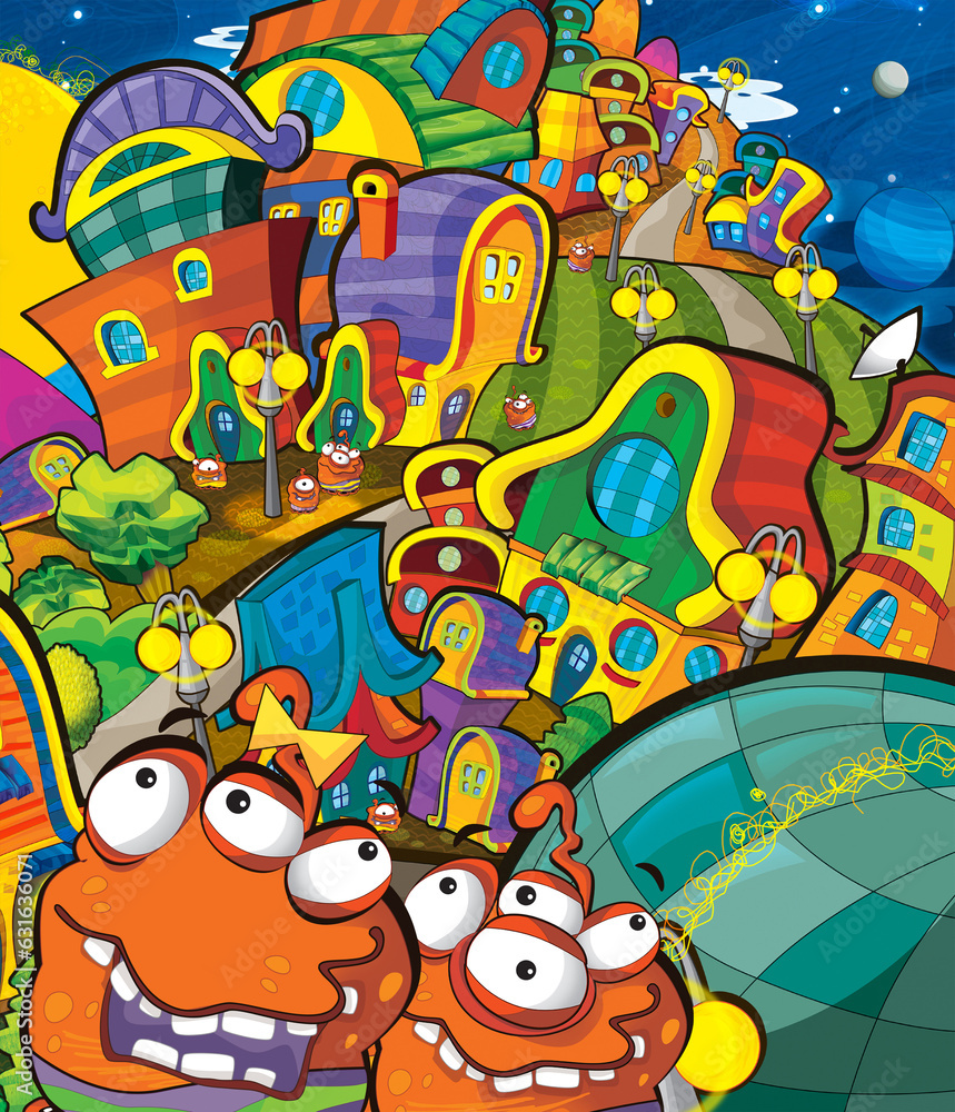 Fototapeta premium Cartoon funny colorful scene of cosmos galactic alien ufo isolated illustration for children