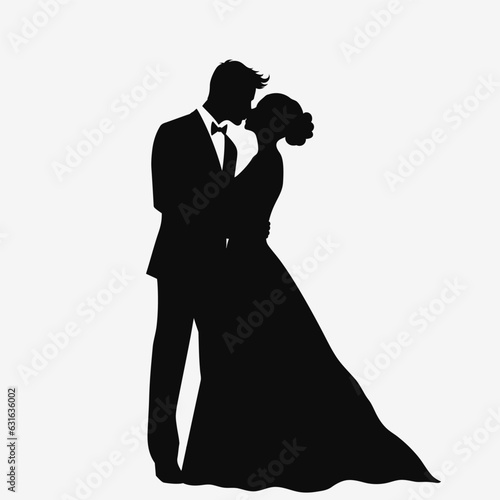 Bride and groom. Newlyweds kiss. Black silhouette. Vector illustration