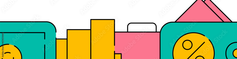 Banking and money related horizontal banner or bottom border template background. Flat filled line vector illustration isolated on white. Banking and money related horizontal banner or bottom border template background. Flat filled line vector illustration isolated on white.