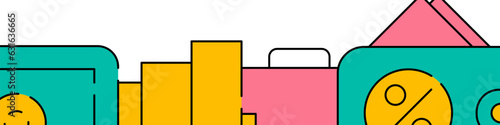 Banking and money related horizontal banner or bottom border template background. Flat filled line vector illustration isolated on white.