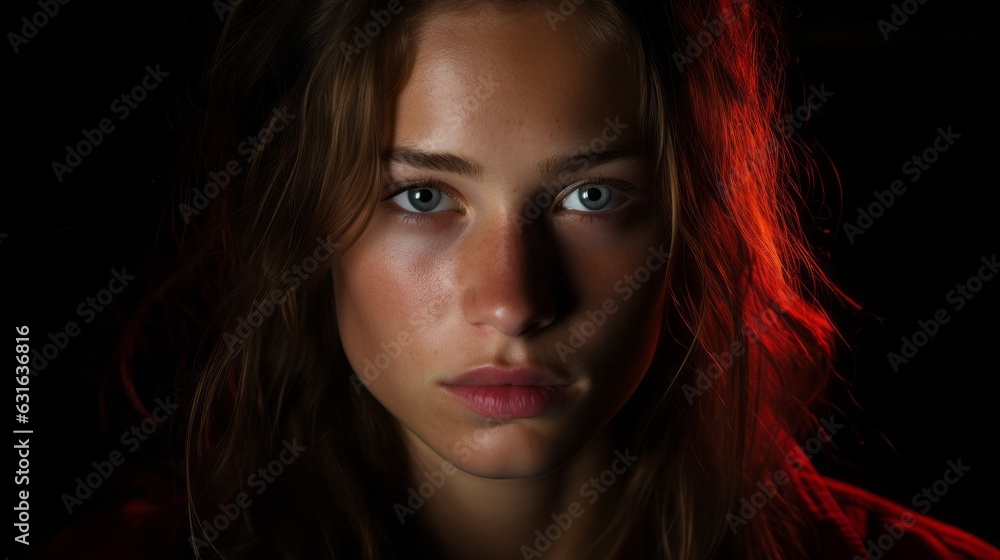 The face of a young woman who is sad or scared, with red and blue lighting. Generative AI. The face of a young woman who is sad or scared, with red and blue lighting. Generative AI.