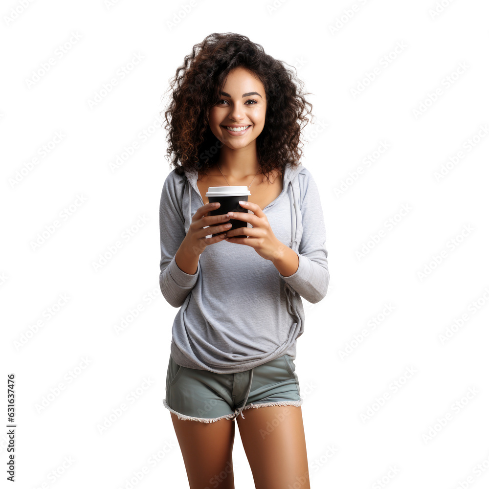 The everyday woman with the take away coffee. . Brunette curly-haired woman posing with a coffee in her hand. take away coffee. Casual wear mockup. outfit. Transparent background. Generative AI The everyday woman with the take away coffee. . Brunette curly-haired woman posing with a coffee in her hand. take away coffee. Casual wear mockup. outfit. Transparent background. Generative AI