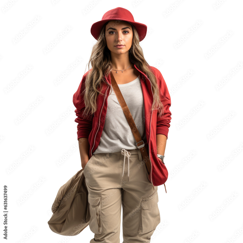 Fototapeta premium Woman travelling in nature, backpack and other items. Transparent background. Generative AI