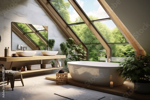 Modern Interior Design of a Bathroom, Huge Window viewing the Nature. © Boss