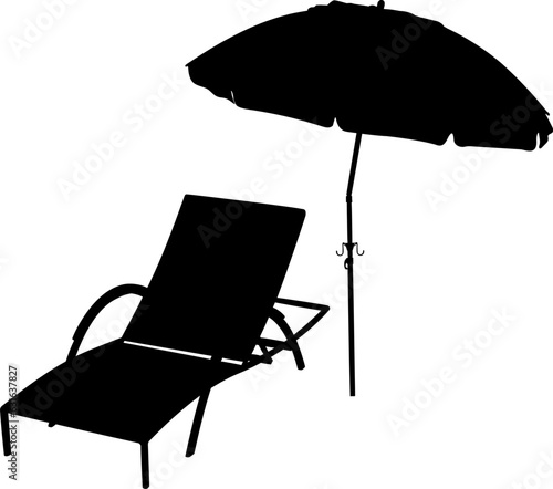 Shape of deckchair near sun umbrella. 
Vector illustration of chaise longue for relaxing under summer parasol. Summer sun lounge and umbrella in vector. Illustration of place for summer holiday.
