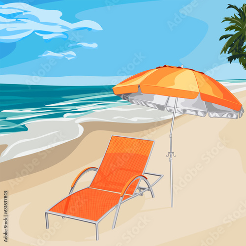 Color illustration of sea sandy beach with deckchair near sun umbrella. 
Vector illustration of a sea beach with chaise longue for relaxing under summer parasol and palm trees. Summer tropical beach