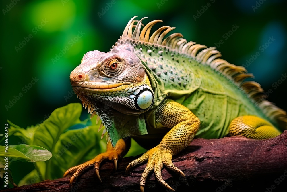 Portrait of green iguana in profile on a green background. Exotic iguana.