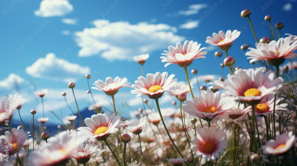 A field of daisies under the summer blue sky. Generative AI. A field of daisies under the summer blue sky. Generative AI.