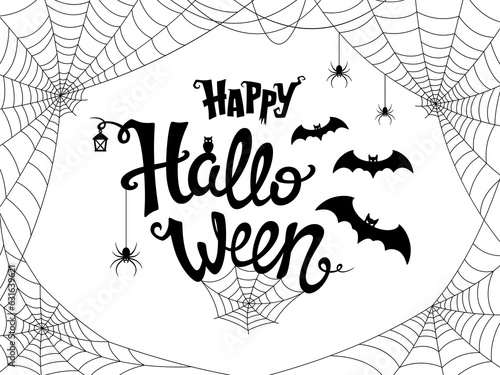 Happy Halloween lettering with spider, web and flying bats. Holiday lettering design for banner, party poster, invitation and greeting card. Vector illustration