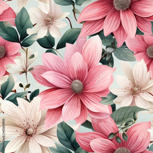 A floral seamless texture of pastel flowers. Generative AI. 