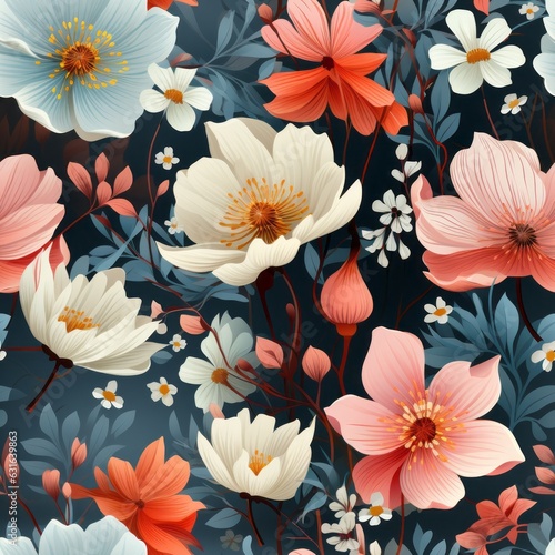 A floral seamless texture of pastel flowers. Generative AI. 