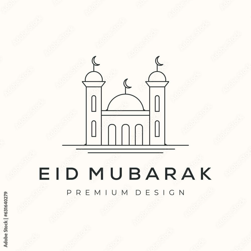 Obraz premium mosque building line art logo vector minimalist illustration design, islamic dome mosque logo design