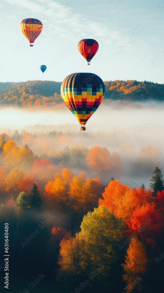 hot air balloons floating gracefully above a forest in its autumn