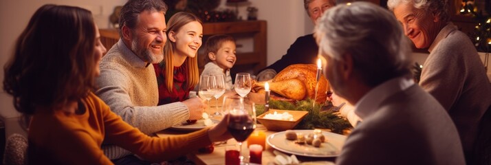 celebration, holidays and people concept - happy  family having dinner party at home