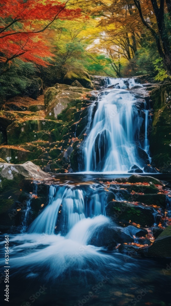 Obraz premium photograph of a cascading waterfall surrounded by lush autumn foliage