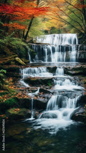 photograph of a cascading waterfall surrounded by lush autumn foliage