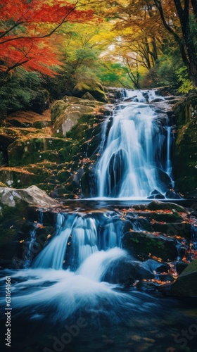 photograph of a cascading waterfall surrounded by lush autumn foliage