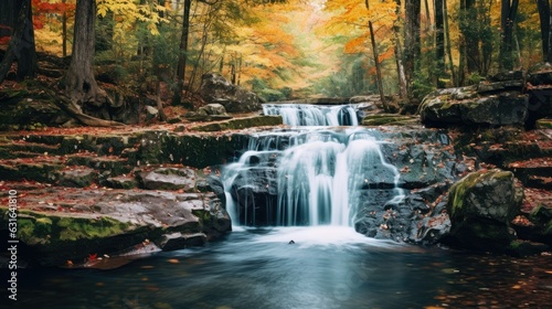 photograph of a cascading waterfall surrounded by lush autumn foliage
