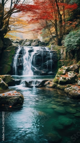 photograph of a cascading waterfall surrounded by lush autumn foliage