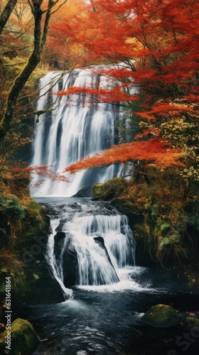 photograph of a cascading waterfall surrounded by lush autumn foliage