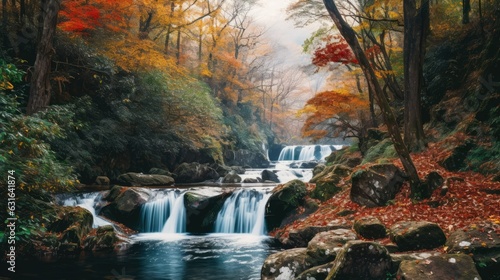 photograph of a cascading waterfall surrounded by lush autumn foliage