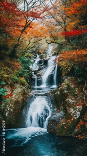 photograph of a cascading waterfall surrounded by lush autumn foliage