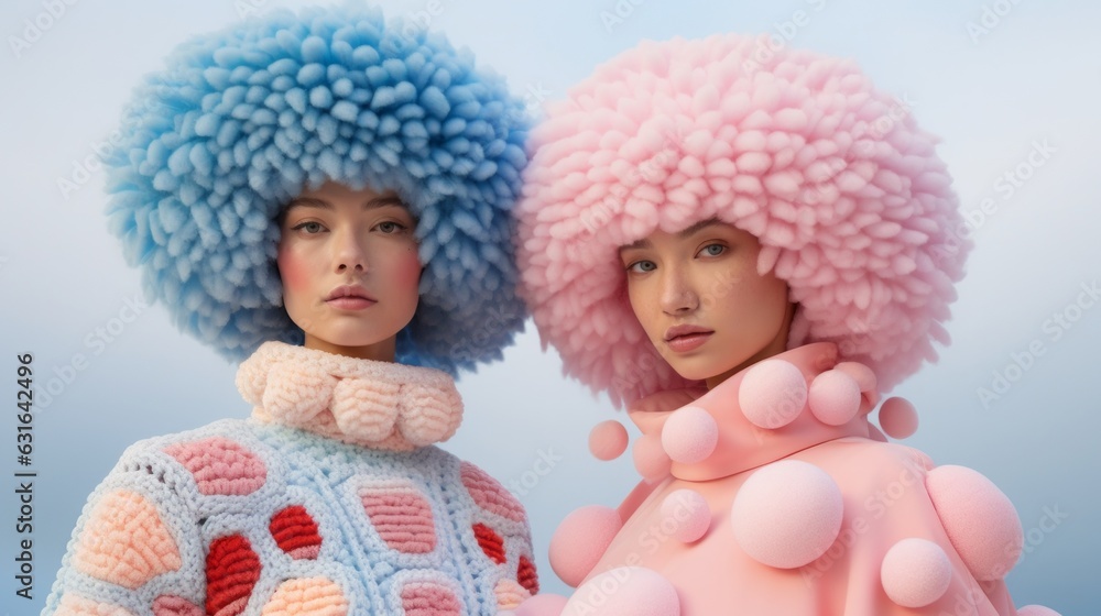 Fototapeta premium Girls wearing big blue and pink wigs posing for a fashion magazine. wearing big jumpers in pastel colors. Generative AI