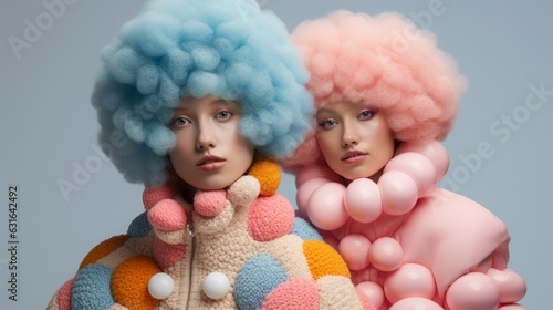 Two girls wearing big blue and pink wigs posing for a fashion magazine. wearing big jumpers in pastel colors. Generative AI
