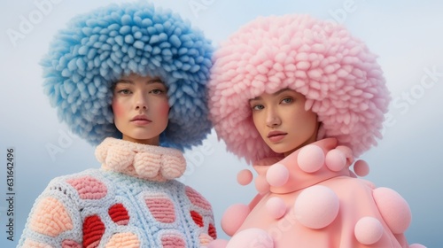 Girls wearing big blue and pink wigs posing for a fashion magazine. wearing big jumpers in pastel colors. Generative AI