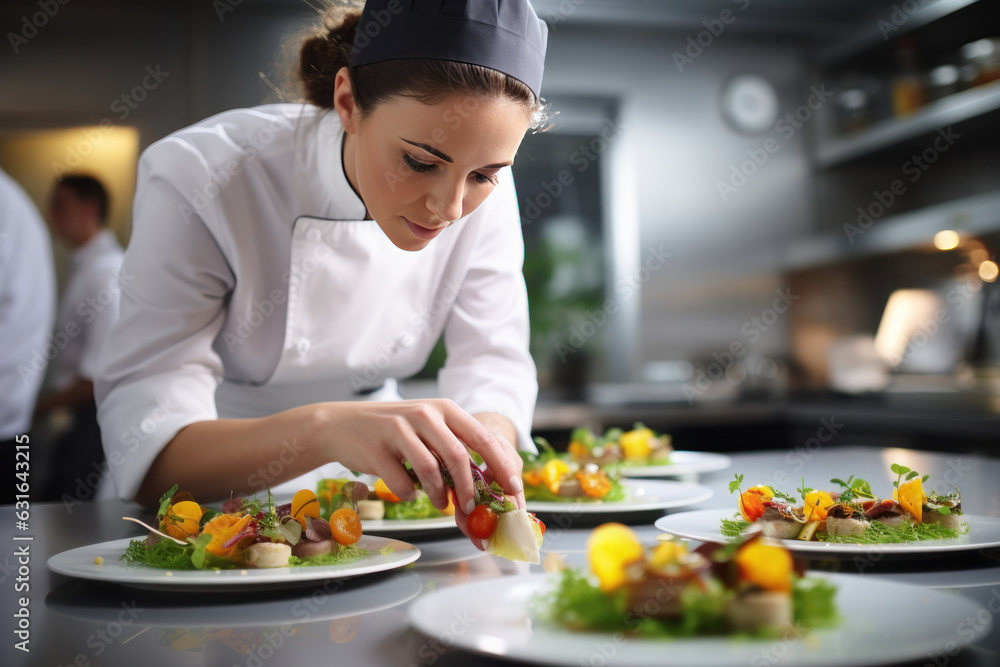 Photogenic Woman Expertly Preparing a Dish in High-End Restaurant Kitchen
