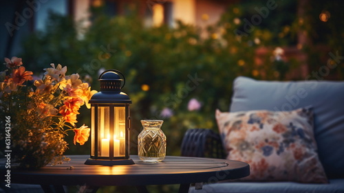  terrace outside  blurred lantern candle light  soft sofa flowers and trees in garden  cozy house  atmosfear on evening 