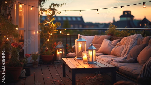  terrace outside ,blurred lantern candle light, soft sofa flowers and trees in garden ,cozy house  atmosfear on evening  photo