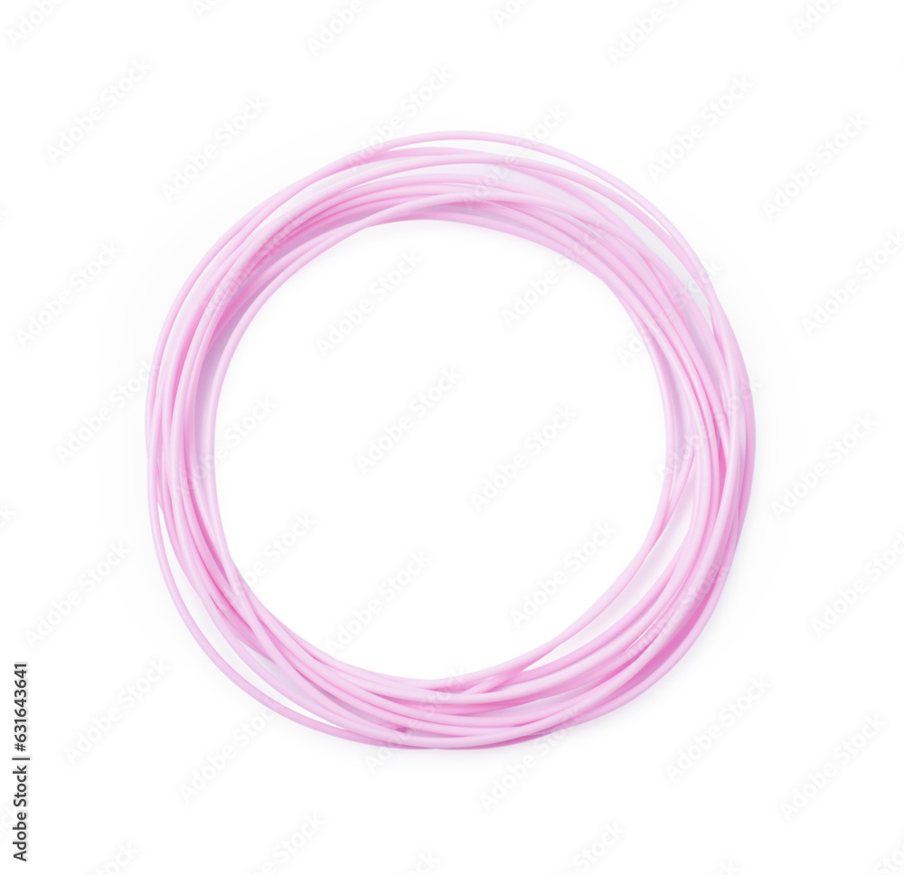 Pink plastic filament for 3D pen on white background, top view Pink plastic filament for 3D pen on white background, top view